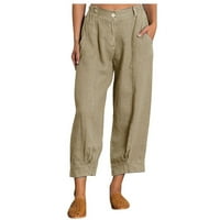 PBNBP ženske plus pantalone pamučne posteljine visokog struka čvrstog gumba sa džepovima ravno na nogama, kapri hlače za žene