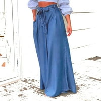 Ernkv ženske široke hlače za noge za uklanjanje čvrstog slobodnog vremena Labavi zavojni modni retro visokog struka Ljetna odjeća udobne pantalone svijetlo plave s