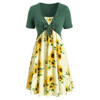 Shiusina Ženski kratki rukav luk čvor zavoj top suncokret za ispis mini haljina odijelo Green XXL