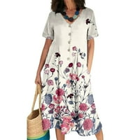 Clearsance Ljetne haljine za žene kratki rukav Srednja dužina Ležerna cvjetna A-line V-izrez Dress Brown