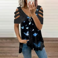 Ženski vrhovi ženski modni casual s patentnim zatvaračem s V-izrezom tiskani majica s kratkim rukavima s kratkim rukavima Top Black XL
