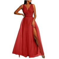 Ženska V-izrez ljeta Čvrsta mrežaste mreže Duga haljina bez rukava crvena s