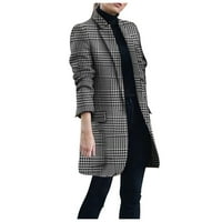 SHPWFBE kaputi za žene za žene za žene Ženska modna zimska karirana Ispis Woolen Mid-duljina dugih rukava