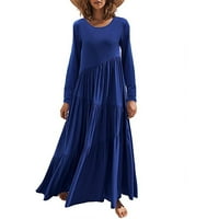 Slatke haljine za žene labave dugih rukava duga haljina okrugla vrata asimetrična slikovana plaža dugačka haljina plava l