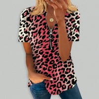 Ljetna bluza Ženski ljetni temperament Leopard tiskani V-izrez Zip Majica kratkih rukava Top Dame Top
