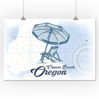 Cannon Beach, Oregon - stolica za plažu i kišobran - plava - obalna ikona - ART WORLENT LANTER