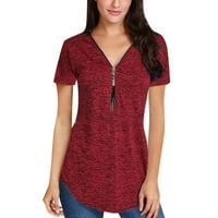 Ženski bluze Ženski povremeni majica s kratkim rukavima s kratkim rukavima V-izrez Tassel patentna majica sa punim bojama crvena xxxxl