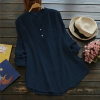 Mnjin pamuk i posteljina majice s majicom za žene V izrez čvrste boje dugih rukava za žene dugačka bluza za žene plus veličine Navy XL