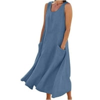 Žene ljetne pamučne lamenice haljine Casual Beach Maxi haljina s rukavima s džepovima plus veličine čiste boje posade izrez duga haljina