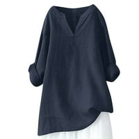 COTONIE Bluze za žene plus veličine posteljina V-izrez dugih rukava na vrhu Navy, xxxxxl