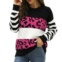 Wotryit Ženski okrugli vrat Duge rukave Duks Leopard Ispis Patchwork pleteni džemper ženski džemperi