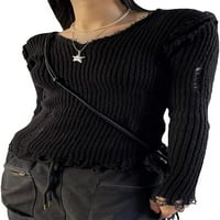 Danceemangoos Ženski džemper s dugim rukavima V-izrez Ripped Pleted Tops Slim Fit Casual Pulovers Srednja