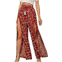 Ženska boemska pantalona Redovna fit hlače udobne boho ljetne hlače za plažu cvjetno tiskanje duge palazzo hlače visoke struke planinarske pantalone za dame crveno xl