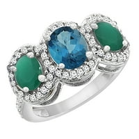 10k bijelo zlato prirodno London Blue Topaz & Cabochon smaragd 3-kameni prsten ovalni dijamant naglasak,