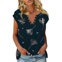 Podplag Žene Ljetni vrhovi, ženska modna casual boho cvjetna casual majica s kratkim rukavima V izrez bluza, mornarsko xl