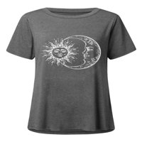 Ženska dugačka majica, sunce i mjesec Ispis kratkih rukava okrugli vrat ljetni vrhovi, S-XXXXXL