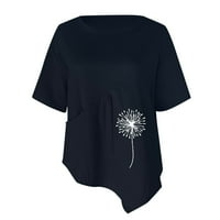 Odeerbi ženski pamučni posteljina vrhova Trendy casual bluza kratki rukav okrugli vrat Print majica