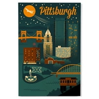 Pittsburgh, Pennsylvania, Retro Skyline Classic Series Birch Wood Zidni znak