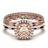 Sjajni halo 2. Carat jastuk morgatit i dijamantski movali zaručni prsten, vjenčani prsten, dva podudarna pojasa u srebru s običnom 18K ružičastom pozlaćenom osovinom za nju, trio set