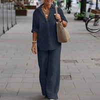 Jyeity Jesen Ženska modna žena Okrugli izrez Čvrsta bluza s dugim rukavima + labave džepove hlače postavlja