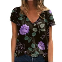 Ženski vrhovi Ljetni casual s kratkih rukava V-izrez labav cvjetna bluza T-majice crna 2xl