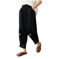 Vivianyo HD Plus Veličina Žene hlače zasebne hlače za žene Ležerne ljetne elastične visokog struka Posteljine pantne džepove Obrezane pantalone bljeskalice crne boje