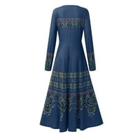 Haljina za žene, ženski temperament okrugli vrat dugih rukava Daxiji Print Swing haljina plava m