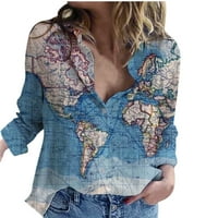 Youmoao ženski čišćenje vrhova modne mape mapa za ispis za žene casual gumb dolje tunika bluza lapel