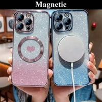 za iPhone Pro Case Magnetic Glitter Glitter [kompatibilan sa magsafe], Bling Love Heart Clear Telefon Telefon, Zaštita kamere SPORKNO SLIM Mekani stražnji poklopac za žene Djevojke - svijetloplava