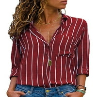 Ženska prugasta dugih rukava labava bluza u džepu V vrat vrhovi radne majice