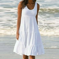 Ljetne haljine za žene scoop vrat čvrsti sandress dužine koljena, haljina bez rukava bijela s