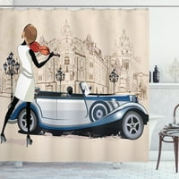 Urbana tuš zavjesa, ručno nacrtano ilustracija uličnih muzičara Retro automobila i stare zgrade Više, tkanina kupaonica sa kukama, 69W 70l, bež i smeđe