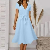 Žene Ljetne duge haljine A-line dubokih V-izrez kratkih rukava s kratkim rukavima Swing haljina haljina sa lukom svijetlom plavom m