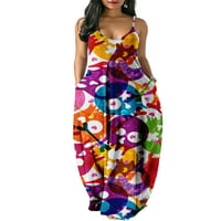 Cindysus Women Ljeto Plaže Sunderss V izrez Maxi haljine bundeve tiskane duge haljine boemska slika