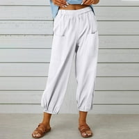 Pamučne i posteljine za žene labave fit izvlačenje elastične struine solidne boje ravno hlače, casual