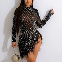 Ženska seksi vruća bušilica MESHE pogledajte kroz tassele Bodycon Club Night haljina Black XL