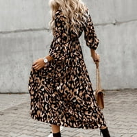 Ljetne haljine za žene s dugim rukavima ispis leopard uzorka V-izrez Midi Split Fit and Flare Y2K moda Elegantni klub za zabavu PočetnaRazing A-line ljuljačke rublje Ruched haljina