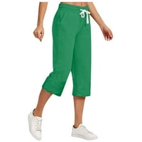 Amtdh Ženske obrezirane hlače Čvrsto boje pamuk i posteljina sa dnevnim boravkom elastične strugove s džepovima plus veličina lagane casual labave udobne pantalone dame padaju zeleno xl