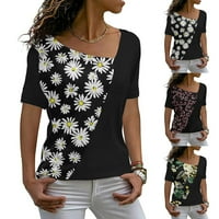 Žene ljetne vrhove košulje skew ogrlice s kratkim rukavima cvjetne majice udobne meke tinele lagane