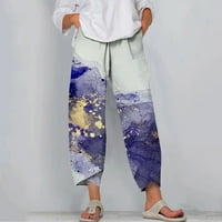 Capri pantalone za ženske ležerne pamučne posteljine široke noge obrezane pantalone Ljetni modni print
