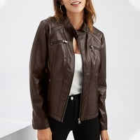 Ženska casual kožna jakna sa stojećim ovratnikom tanka prikladna jakna Čvrsta boja za žene, kafa XL