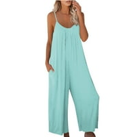 Clearance široke noge Žene modni čvrstim džepovima Labavi duge hlače Ležerne ljetni kombinezon plavi