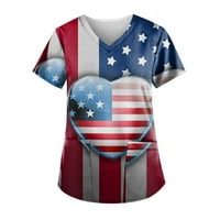 Odeerbi 4. juli Patriotski piling vrhovi za žene Neovisnosti Dnevni dijelovi V-izrez Ležerne prilike kratkih rukava s tiskanim bluzom s džepovima sive