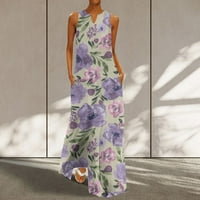 Ljetna haljina na prodaju za žene za žene bez rukava za ispis cvjetnog uzorka V-izrez Midi Fit and Flare