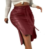 Ženska elegantna PU kožna midi suknja Čvrsta bočna gumba za čipke u obliku struka Slim izlivene suknje