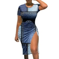 Kneelentne ležerne haljine za žene izvlačenje prorezom traper haljina za ispis žena Ženska haljina plaža Plava L