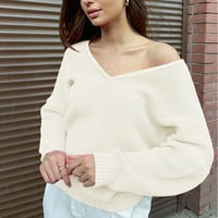 Ženski džemperi prevelizirani su jeseni i zimske pune boje V izrez pleteni džemper s dugim rukavima