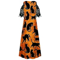 Ženska haljina za pauk za pauk kratki rukav V izrez Ruched maxi haljine slatka mačka bundeva haljina