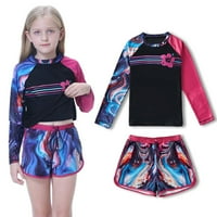 Kid Girls 'Rash rukav za dugi rukav UPF 50+ Zaštita od sunca Dvoetažni kupaći kostimi s kapicom za plivanje