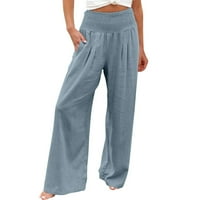 Zkozptok Ženske hlače Labavi elastični struk pamučne posteljine široke lutke za noge s džepovima, plavom,